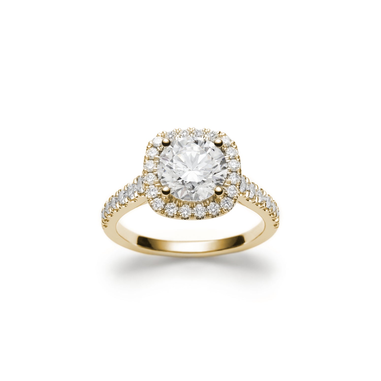 Round Brilliant Cut Diamond Cushion-Shaped Halo Tapered Shank Engagement Ring in Yellow Gold Front View