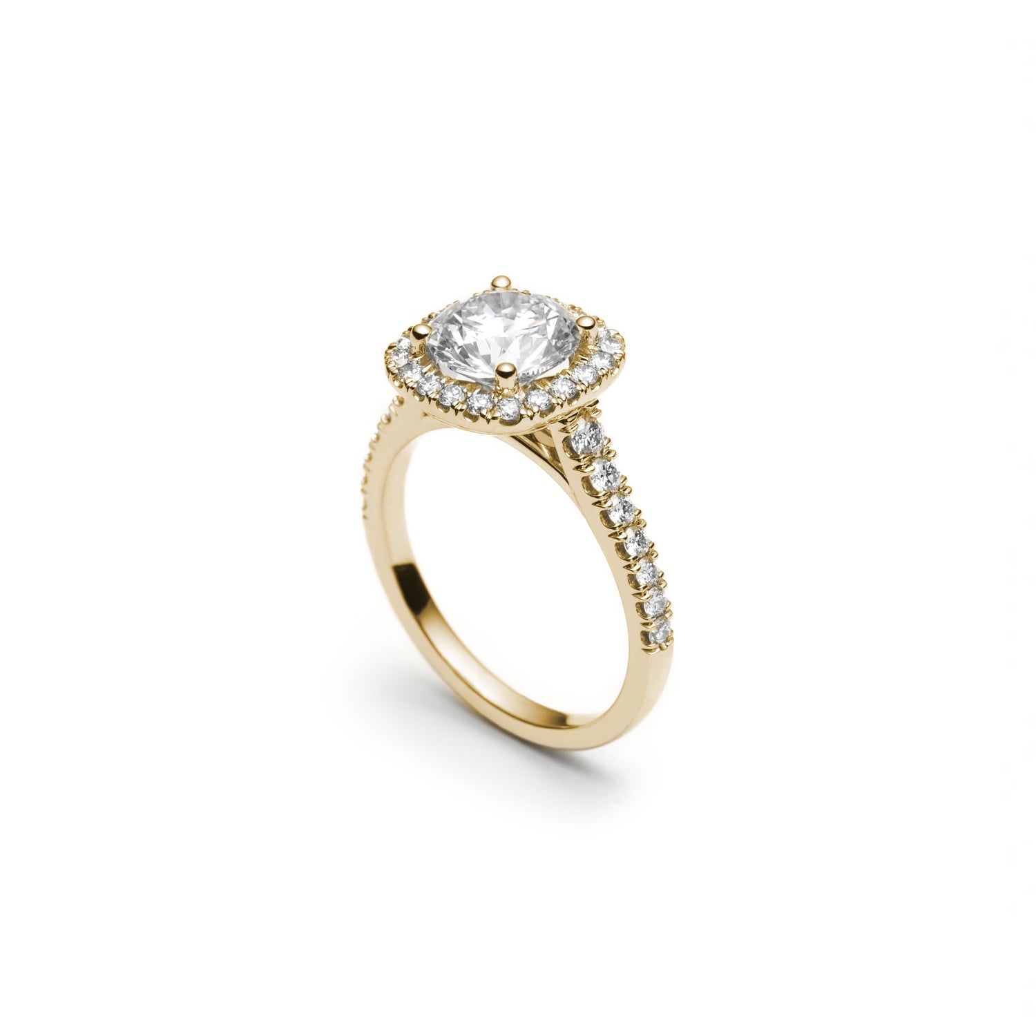 Round Brilliant Cut Diamond Cushion-Shaped Halo Tapered Shank Engagement Ring in Yellow Gold Side View