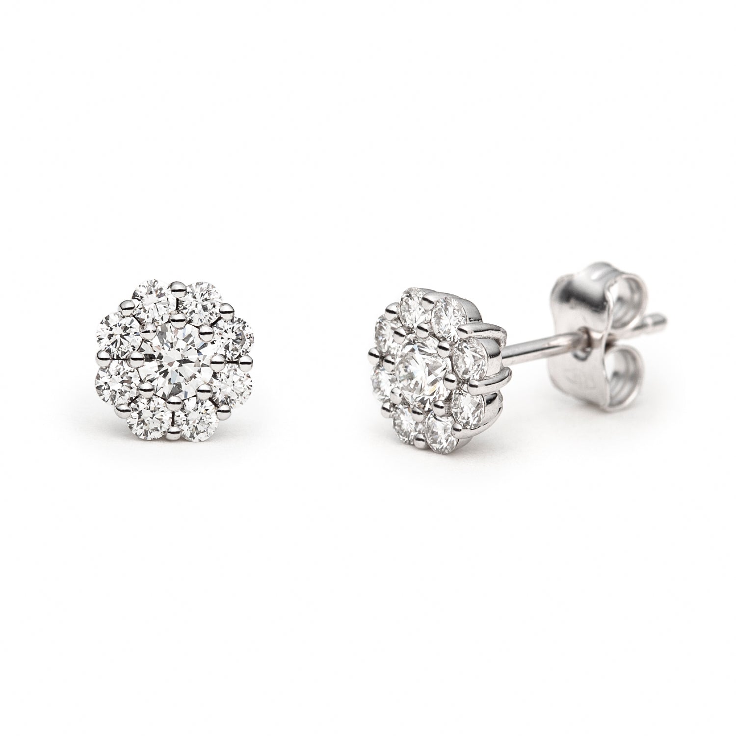 Round Brilliant Cut Diamond Floral Cluster Stud Earrings in White Gold