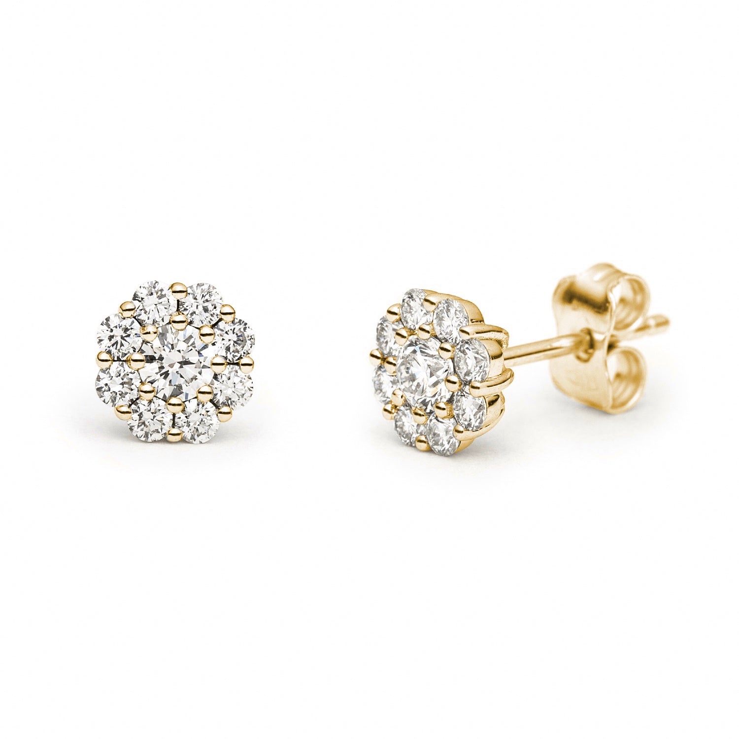Round Brilliant Cut Diamond Floral Cluster Stud Earrings in Yellow Gold