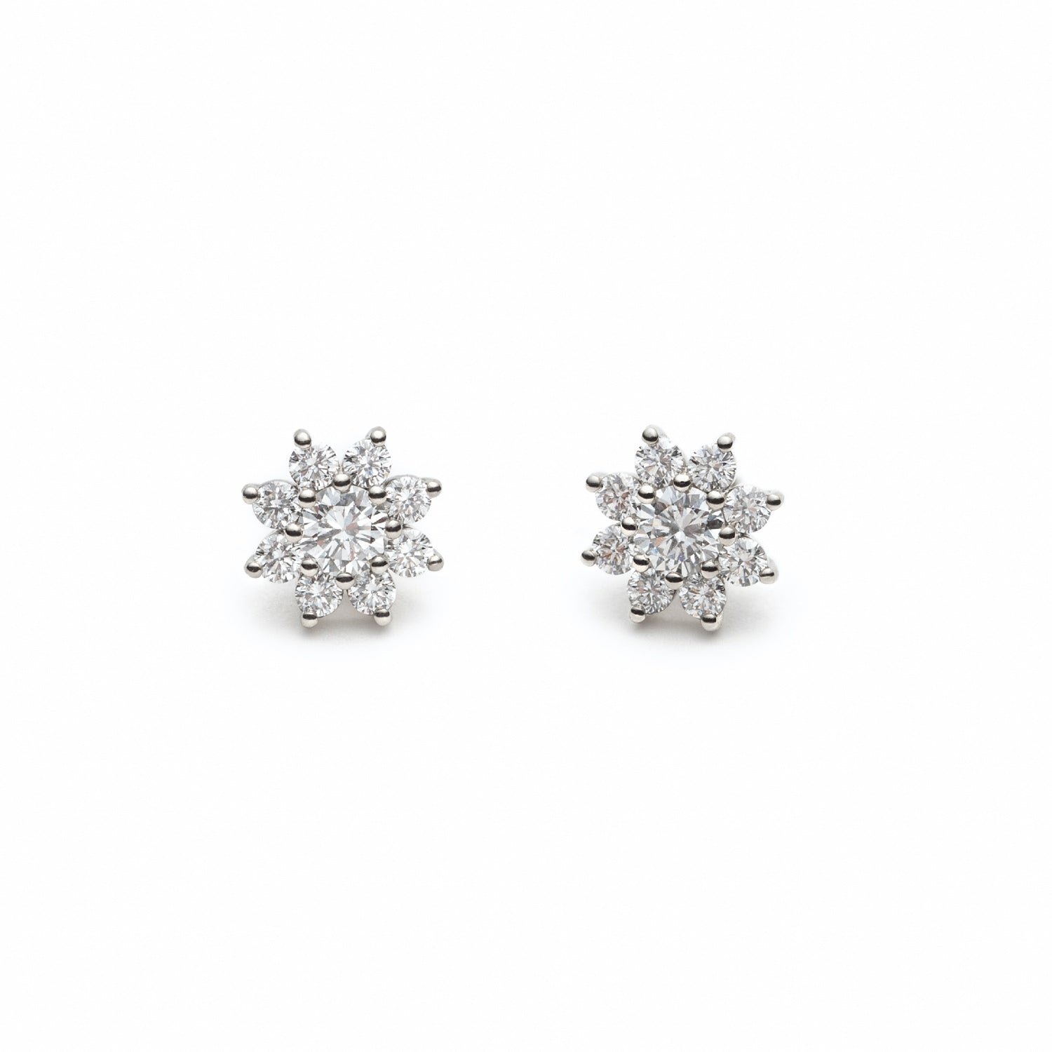 Round Brilliant Cut Diamond Floral Halo Stud Earrings in White Gold
