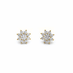 Round Brilliant Cut Diamond Floral Halo Stud Earrings in Yellow Gold