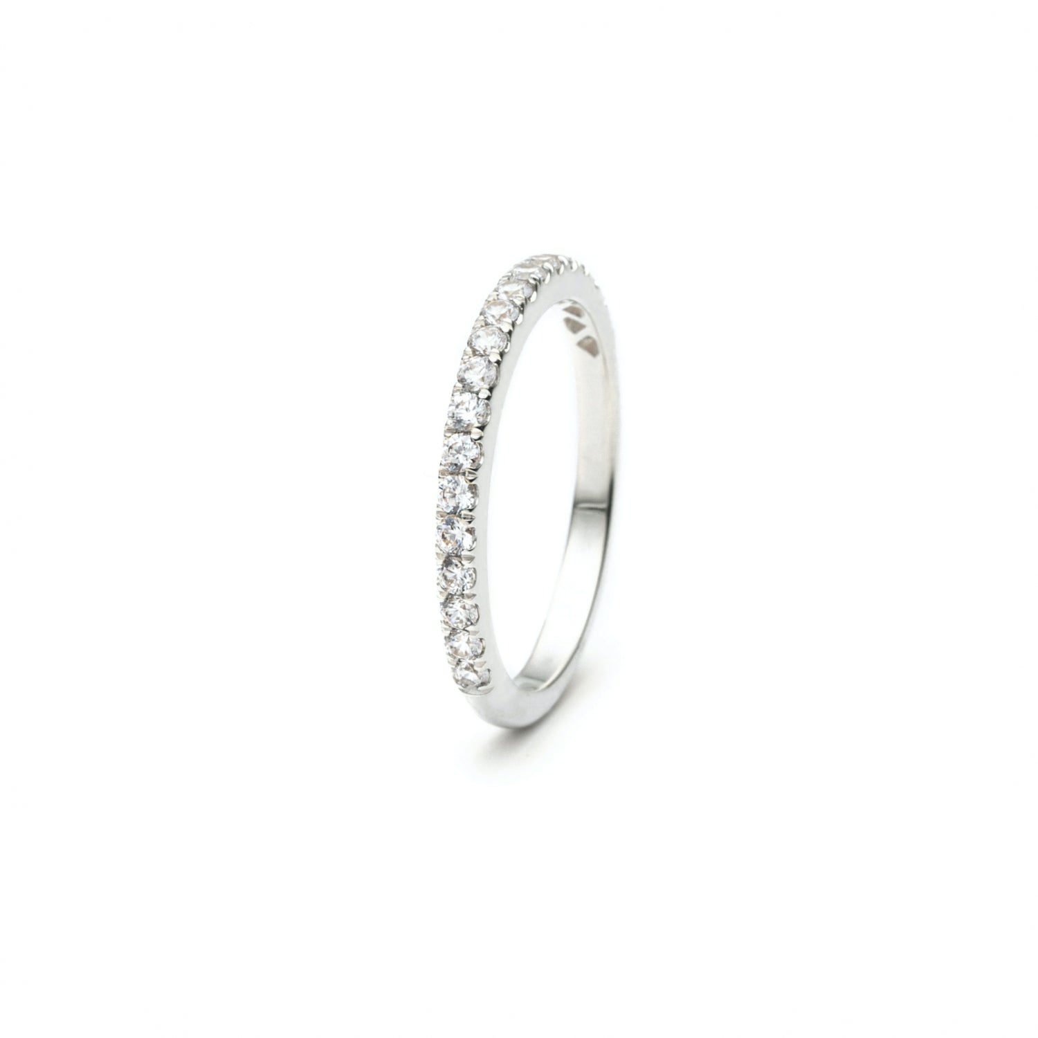 Round Brilliant Cut Diamond French V-Split Set Half-Eternity Ring in White Gold Side View