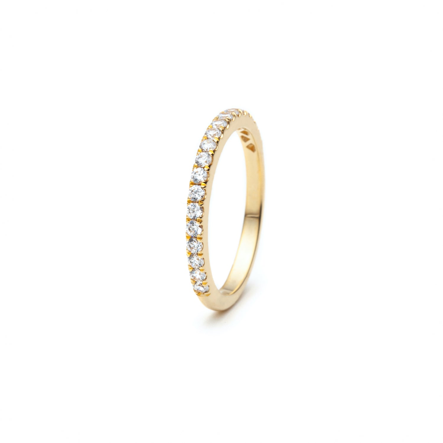 Round Brilliant Cut Diamond French V-Split Set Half-Eternity Ring in Yellow Gold Side View