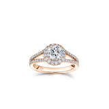 Round Brilliant Cut Diamond Halo Split Shank Engagement Ring in Rose Gold