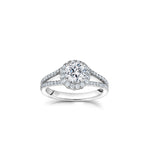 Round Brilliant Cut Diamond Halo Split Shank Engagement Ring in White Gold