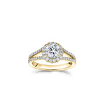 Round Brilliant Cut Diamond Halo Split Shank Engagement Ring in Yellow Gold