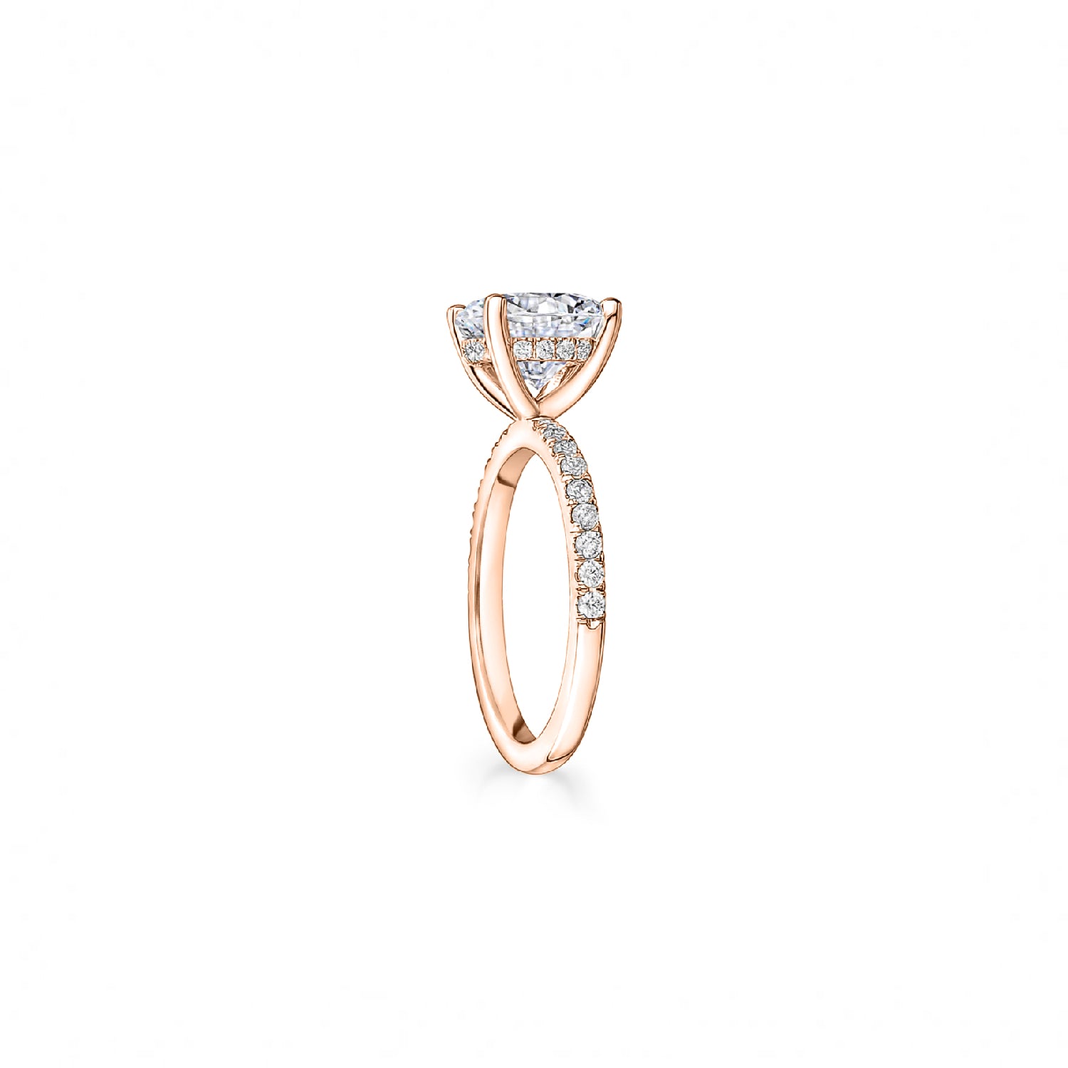 Round Brilliant Cut Diamond Hidden Halo Engagement Ring in Rose Gold Side View