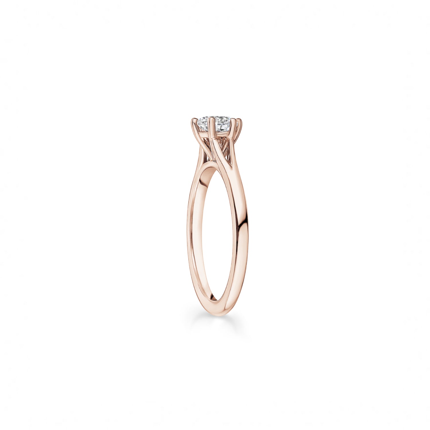 Round Brilliant Cut Diamond Split Shank Solitaire Engagement Ring in Rose Gold Side View