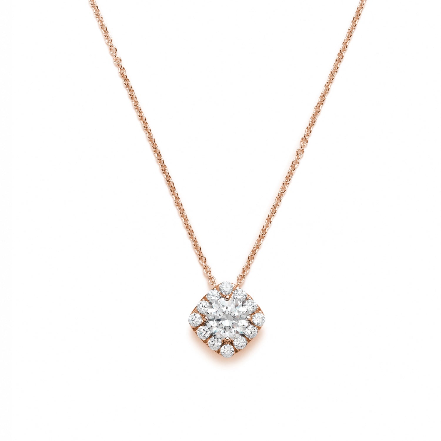 Round Brilliant Cut Diamond Square Halo Necklace in Rose Gold