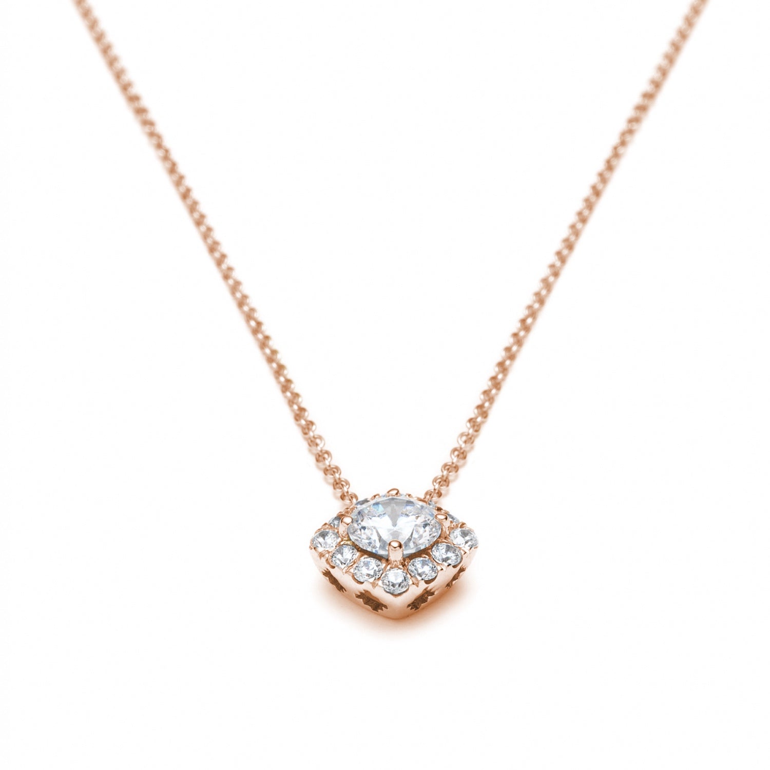 Round Brilliant Cut Diamond Square Halo Necklace in Rose Gold Side View