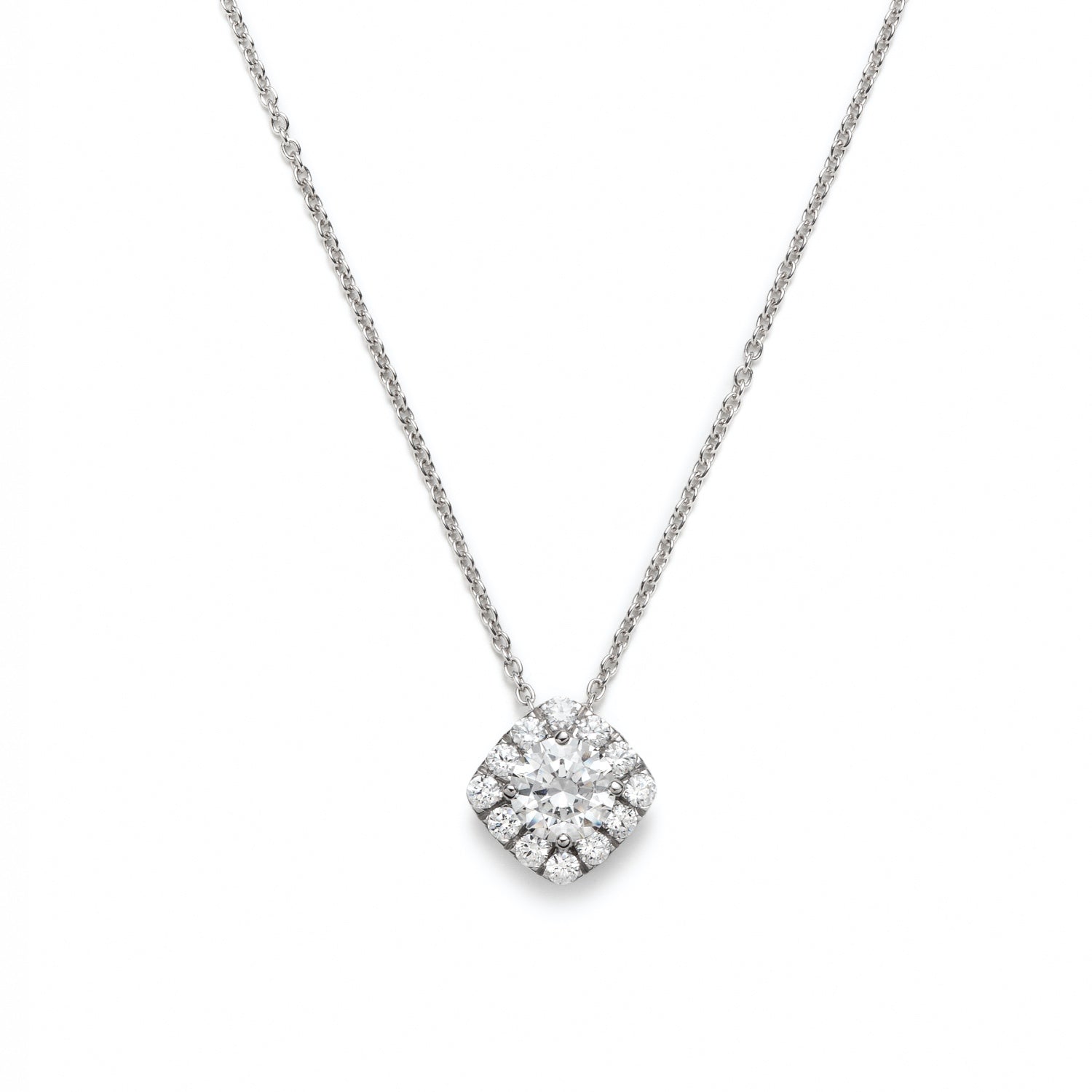 Round Brilliant Cut Diamond Square Halo Necklace in White Gold