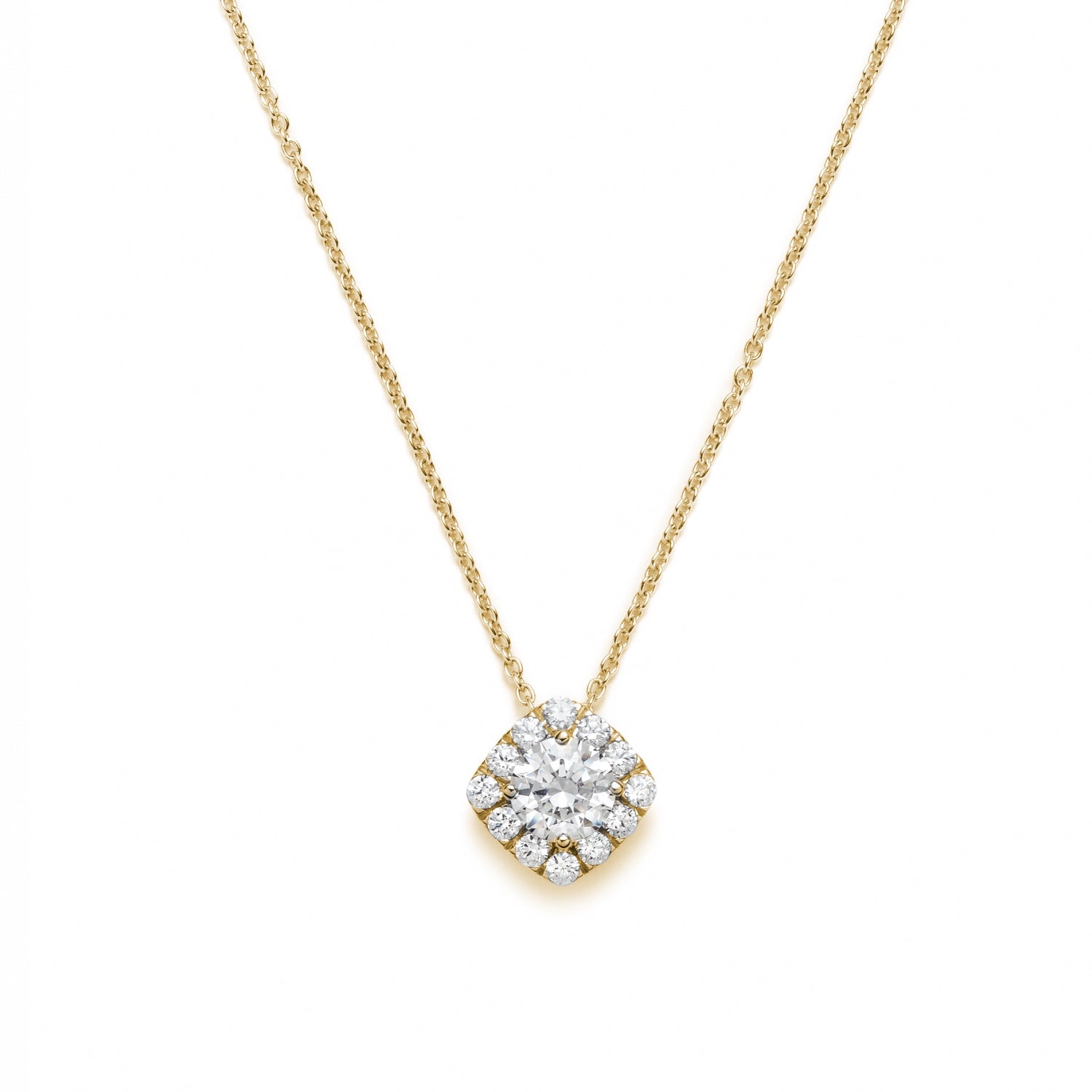 Round Brilliant Cut Diamond Square Halo Necklace in Yellow Gold