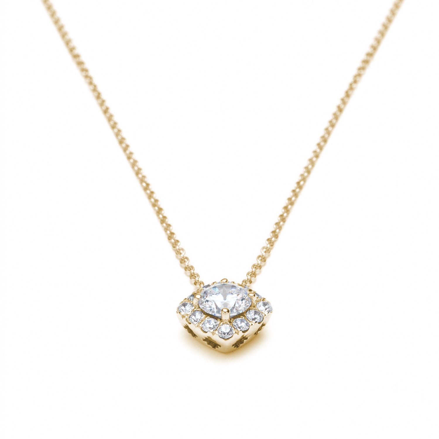 Round Brilliant Cut Diamond Square Halo Necklace in Yellow Gold Side View