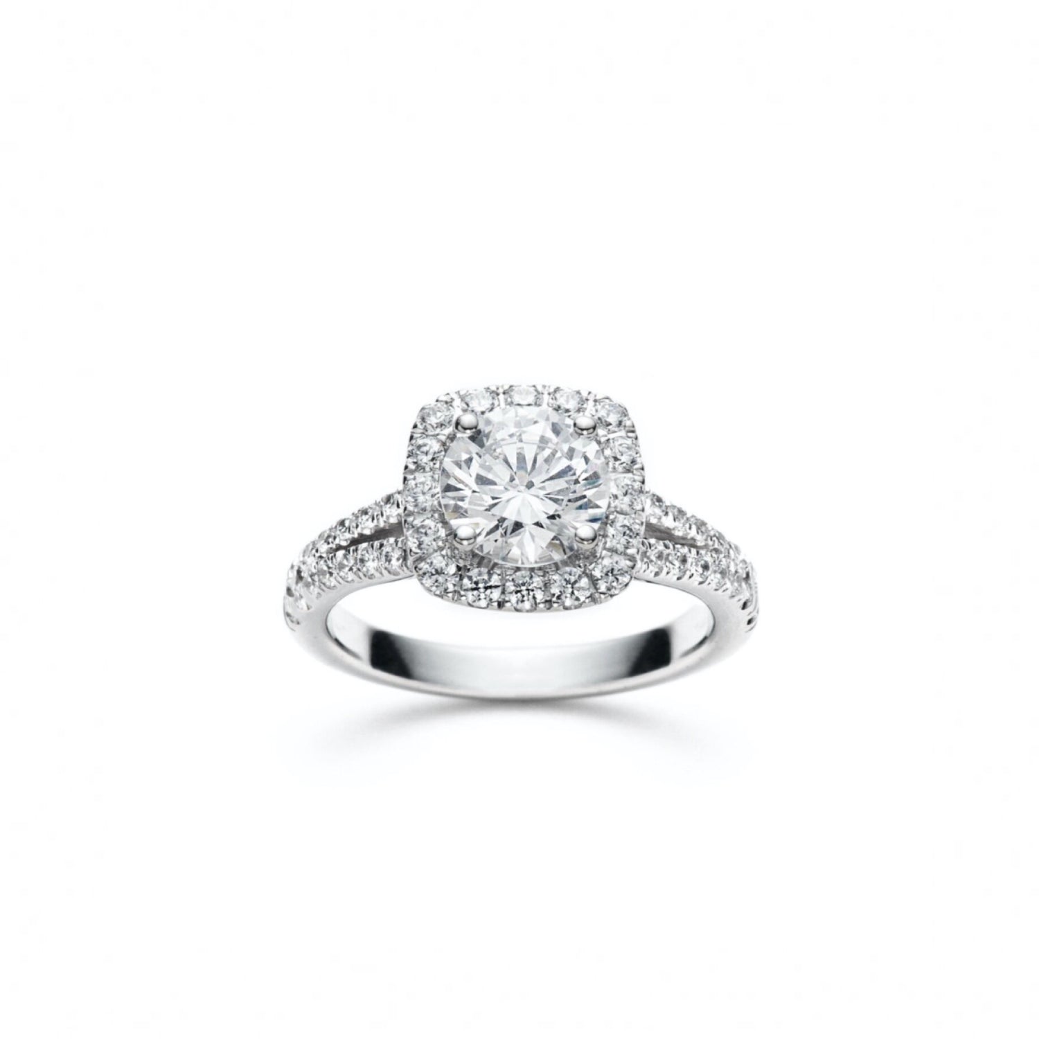Round Brilliant Cut Diamond Square Halo Split Shank Engagement Ring in White Gold