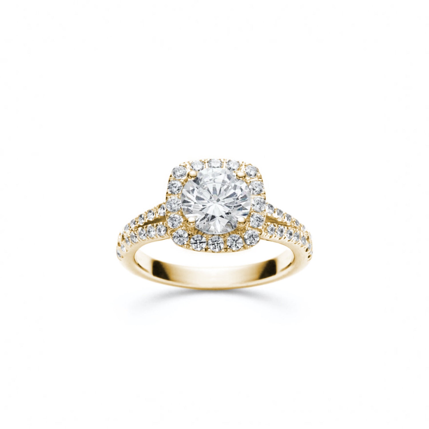 Round Brilliant Cut Diamond Square Halo Split Shank Engagement Ring in Yellow Gold