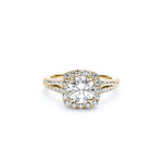 Round Brilliant Cut Diamond Square Halo Split Shank Engagement Ring in Yellow Gold Front View