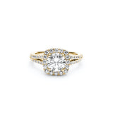 Round Brilliant Cut Diamond Square Halo Split Shank Engagement Ring in Yellow Gold Front View