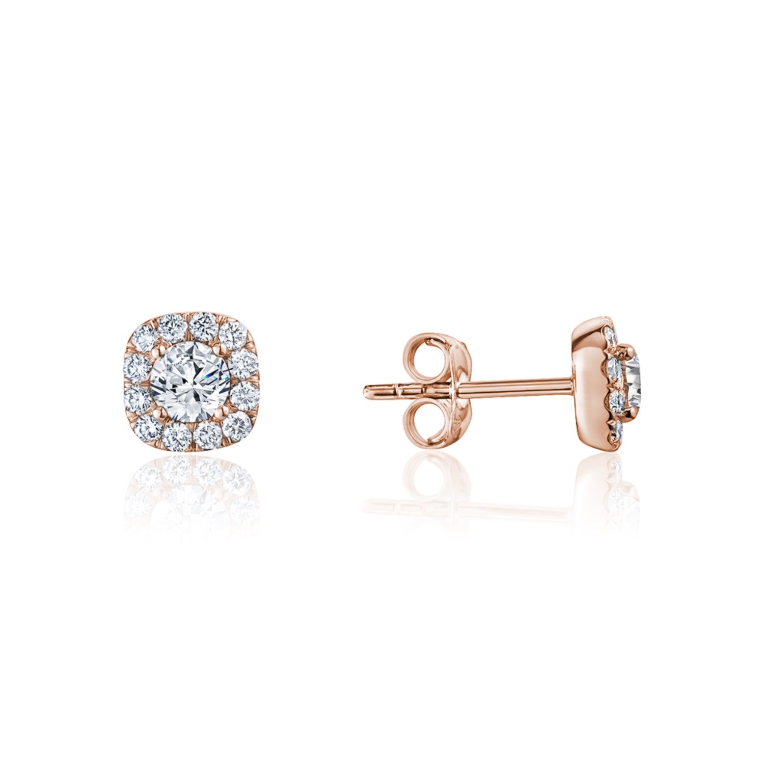 Round Brilliant Cut Diamond Square Halo Stud Earrings in Rose Gold Side View