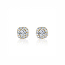 Round Brilliant Cut Diamond Square Halo Stud Earrings in Yellow Gold