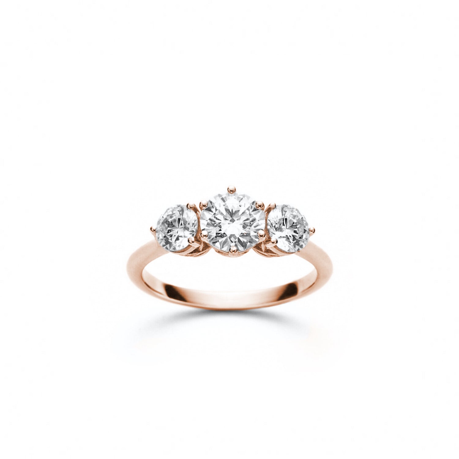 Round Brilliant Cut Diamond Three-Stone Engagement Ring in Rose Gold