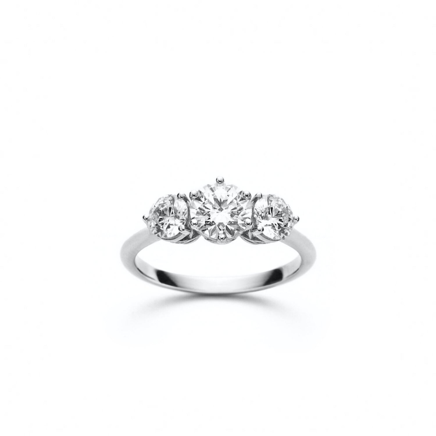 Round Brilliant Cut Diamond Three-Stone Engagement Ring in White Gold