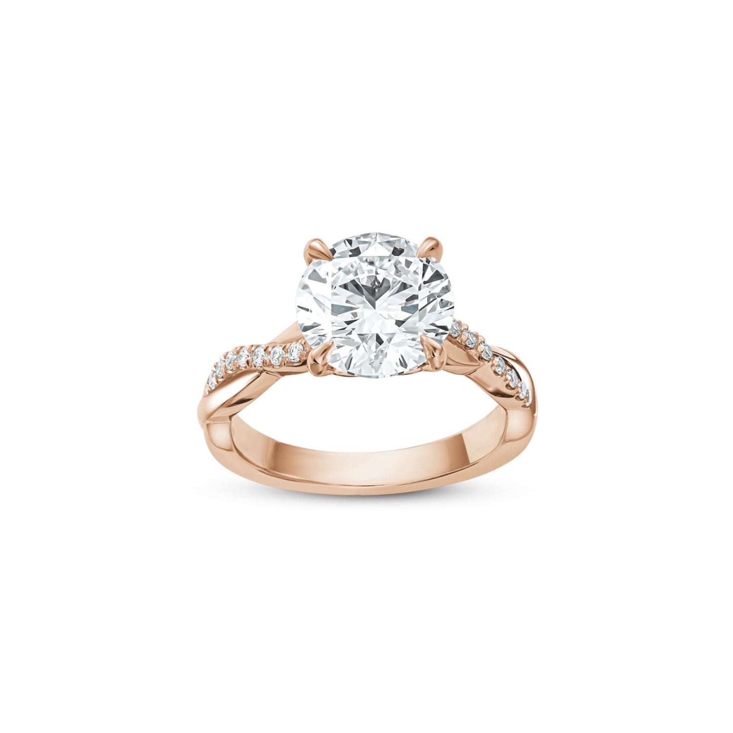 Round Brilliant Cut Lab-Grown Diamond Twisted Pavé Band Engagement Ring in Rose Gold Front View
