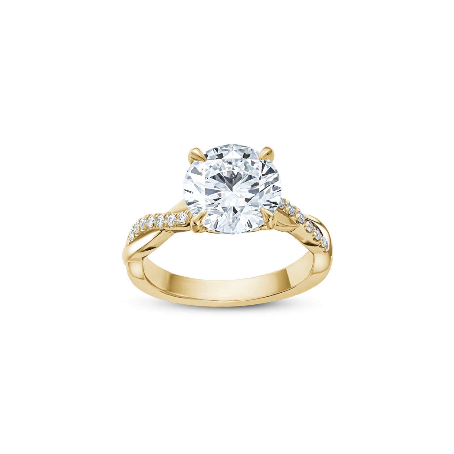 Round Brilliant Cut Lab-Grown Diamond Twisted Pavé Band Engagement Ring in Yellow Gold Front View