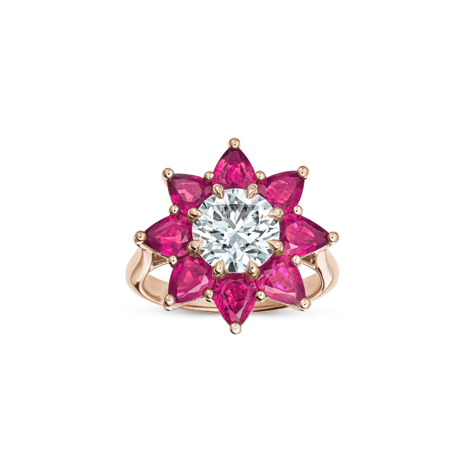 Round Brilliant Cut Lab-Grown Diamond and Pear-Shaped Ruby Floral Engagement Ring in Rose Gold Front View