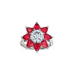 Round Brilliant Cut Lab-Grown Diamond and Pear-Shaped Ruby Floral Engagement Ring in White Gold Front View