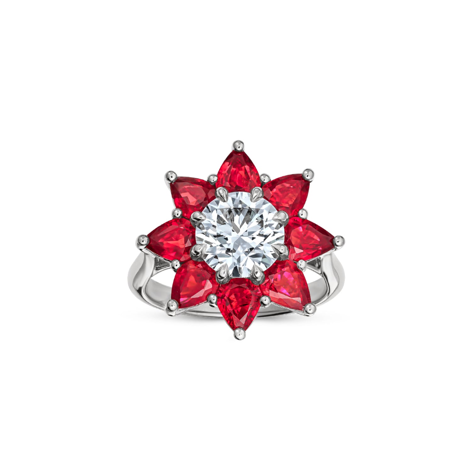 Round Brilliant Cut Lab-Grown Diamond and Pear-Shaped Ruby Floral Engagement Ring in White Gold Front View