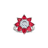 Round Brilliant Cut Lab-Grown Diamond and Pear-Shaped Ruby Floral Engagement Ring in White Gold Front View