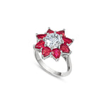 Round Brilliant Cut Lab-Grown Diamond and Pear-Shaped Ruby Floral Engagement Ring in White Gold Side View