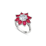 Round Brilliant Cut Lab-Grown Diamond and Pear-Shaped Ruby Floral Engagement Ring in White Gold Side View