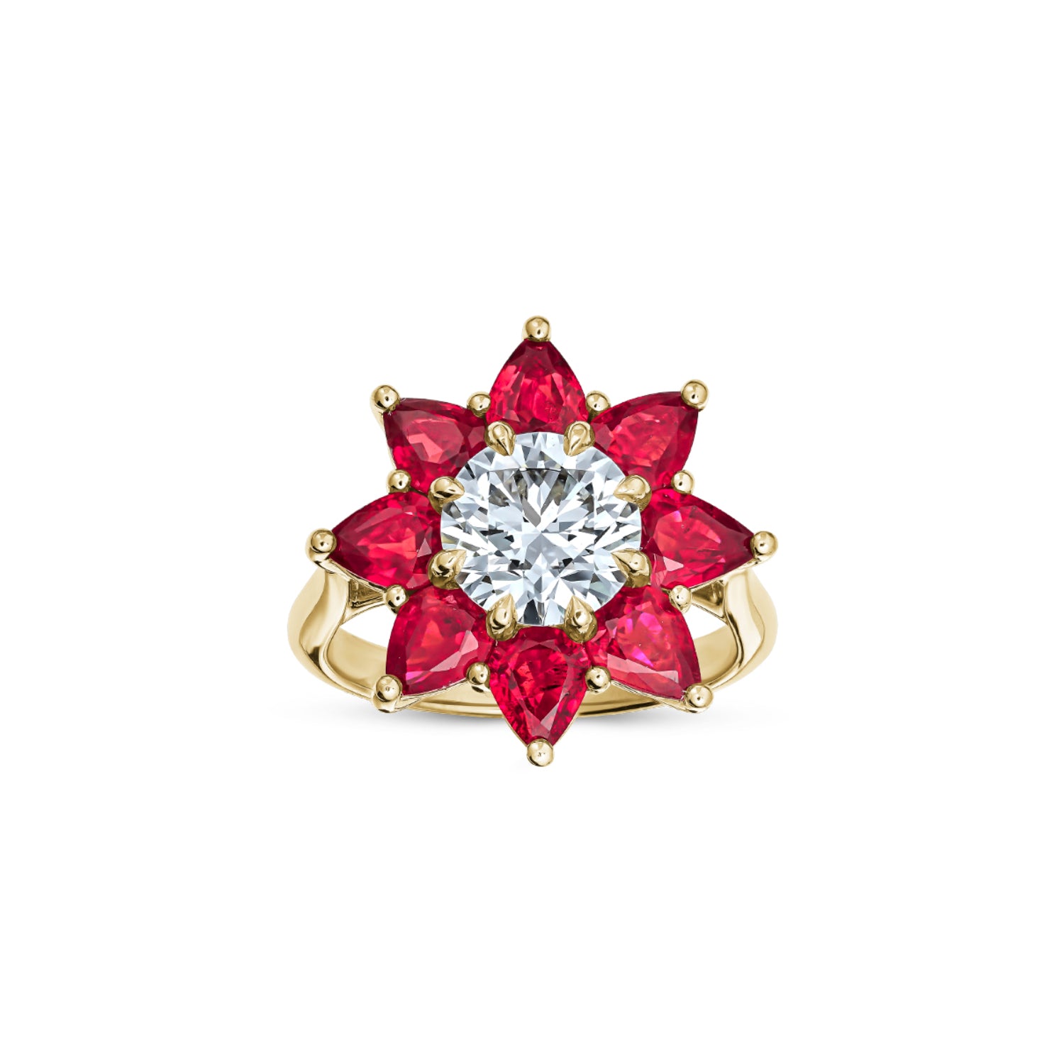 Round Brilliant Cut Lab-Grown Diamond and Pear-Shaped Ruby Floral Engagement Ring in Yellow Gold Front View