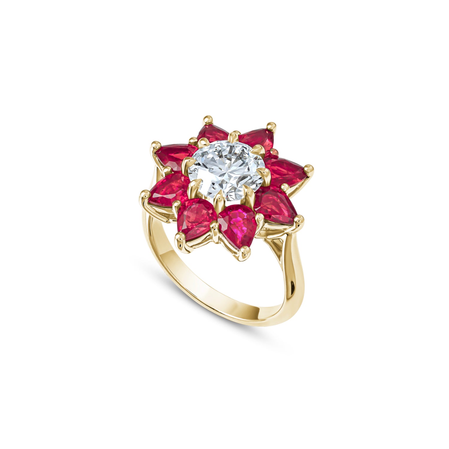 Round Brilliant Cut Lab-Grown Diamond and Pear-Shaped Ruby Floral Engagement Ring in Yellow Gold Side View