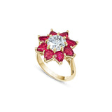 Round Brilliant Cut Lab-Grown Diamond and Pear-Shaped Ruby Floral Engagement Ring in Yellow Gold Side View
