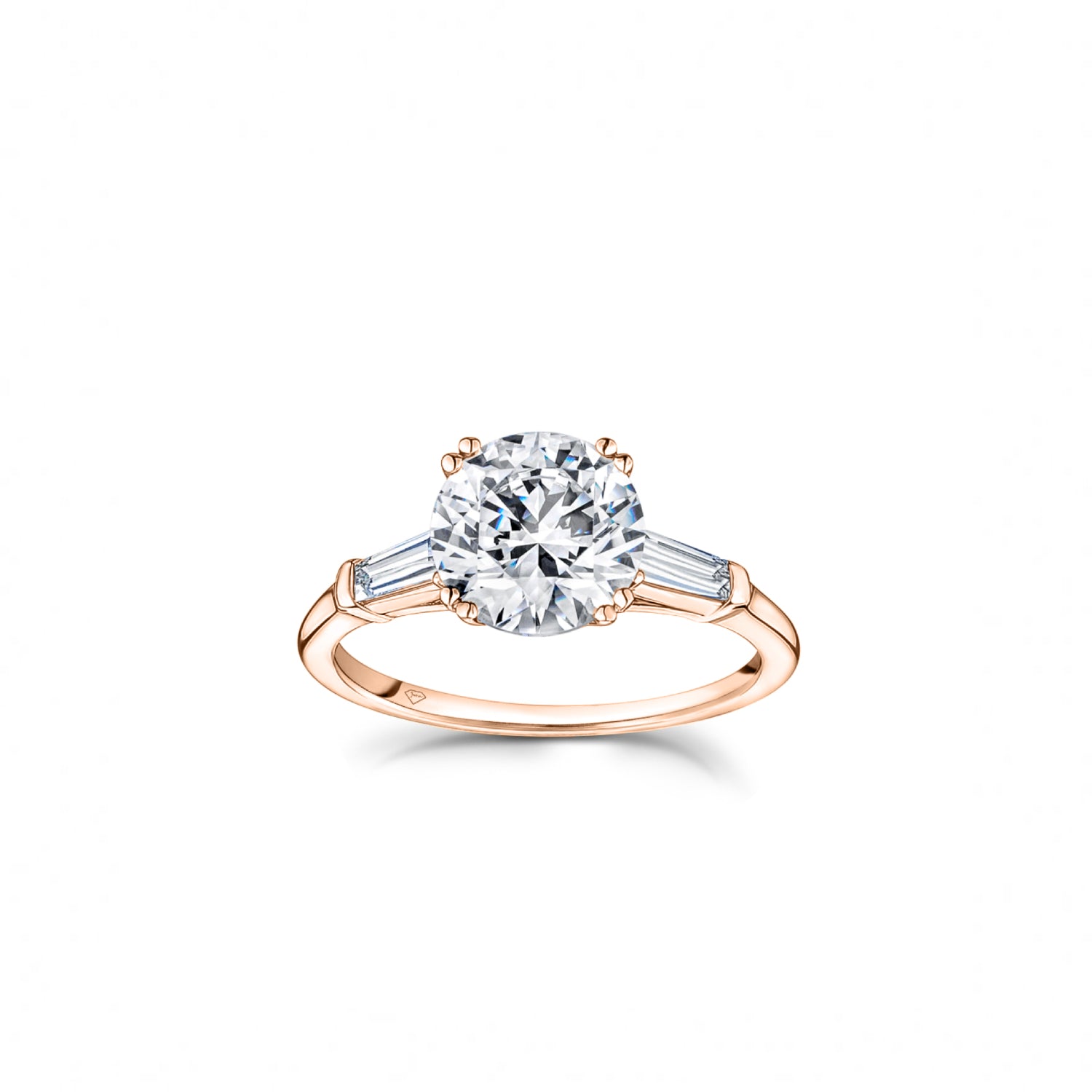 Round Brilliant and Baguette Cut Diamond Three-Stone Engagement Ring in Rose Gold