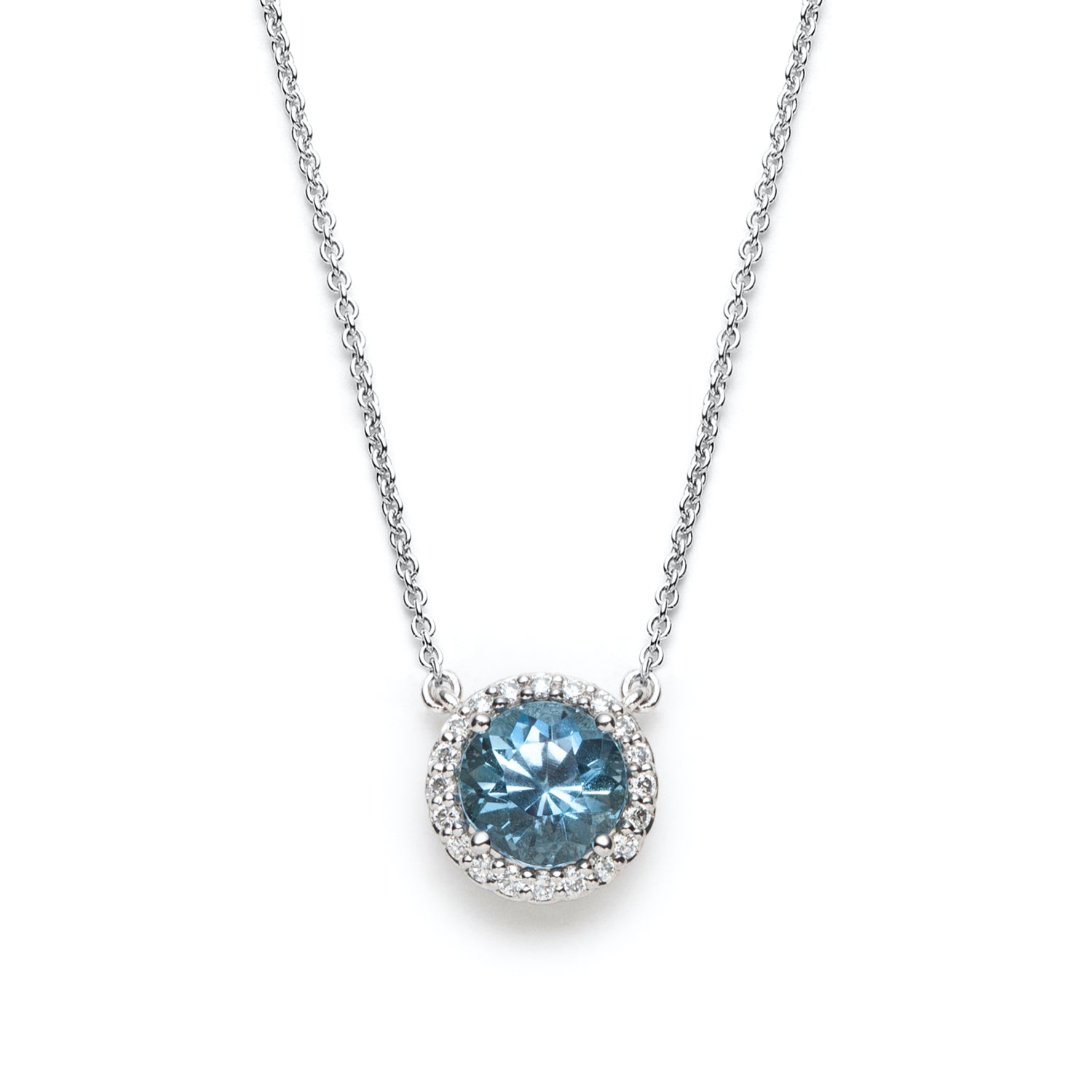 Round Cut Aquamarine Diamond Halo Necklace