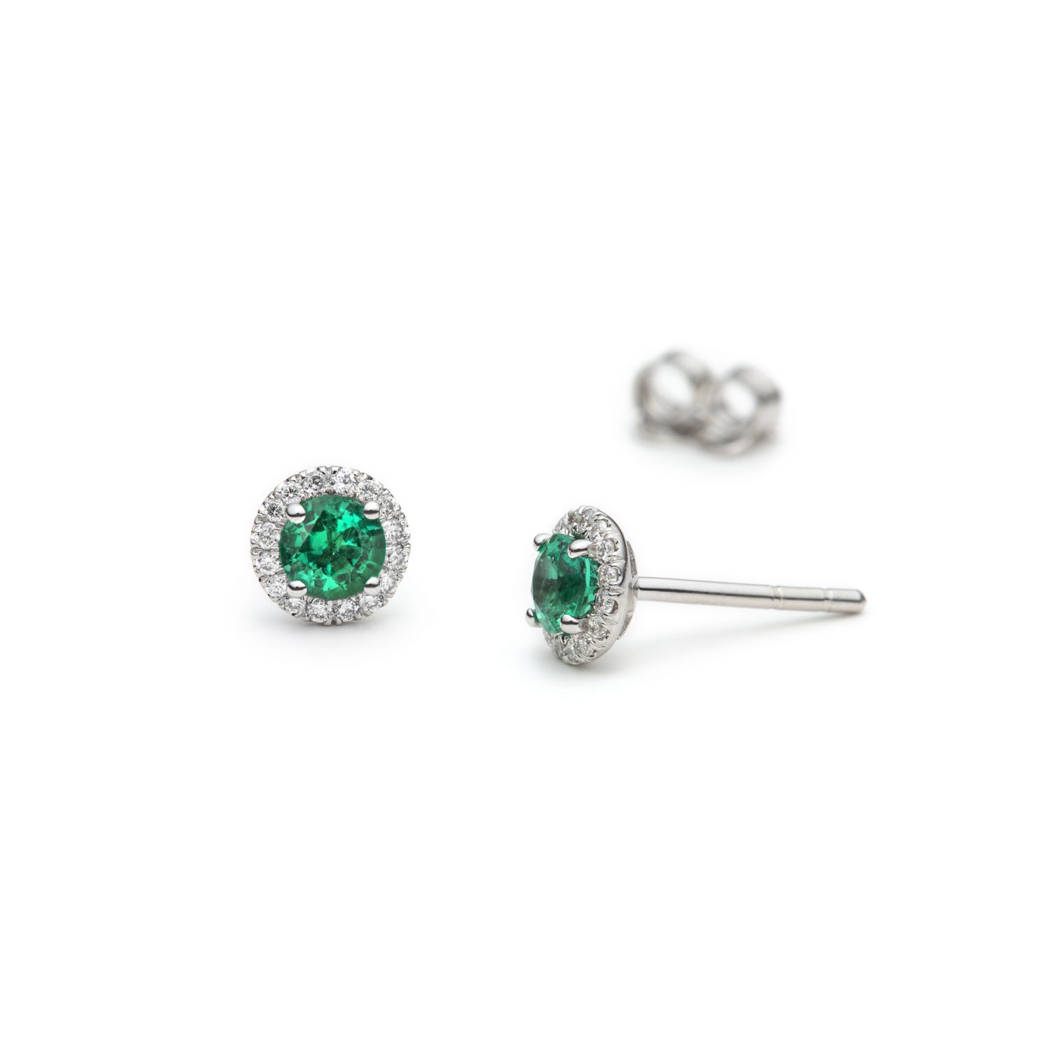 Round Cut Emerald Diamond Halo Stud Earrings in White Gold