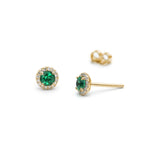 Round Cut Emerald Diamond Halo Stud Earrings in Yellow Gold