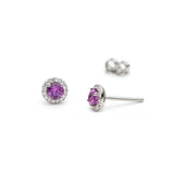 Round Cut Pink Sapphire Diamond Halo Stud Earrings