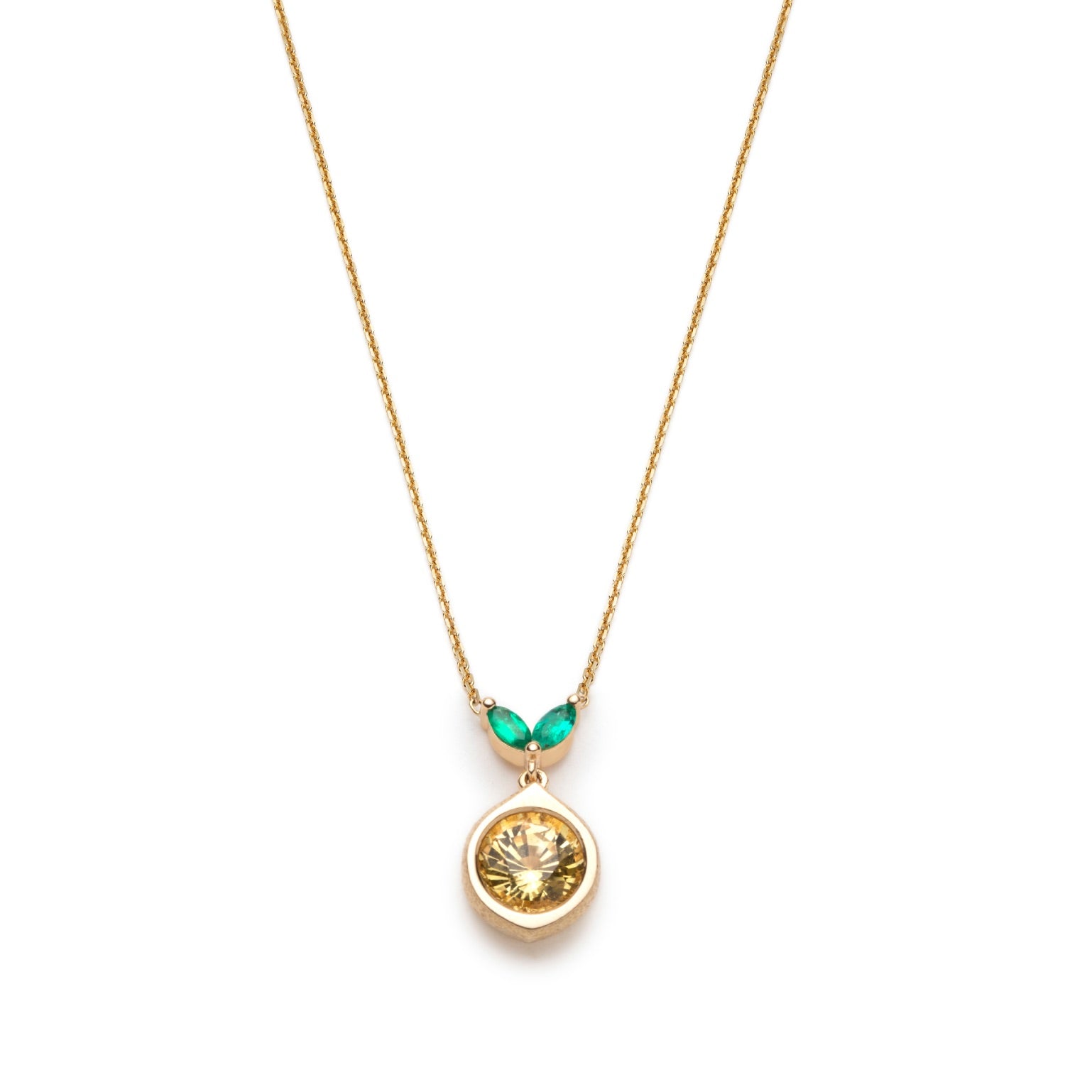 Round Cut Yellow Sapphire and Marquise Cut Emeralds Lemon Drop Pendant Necklace