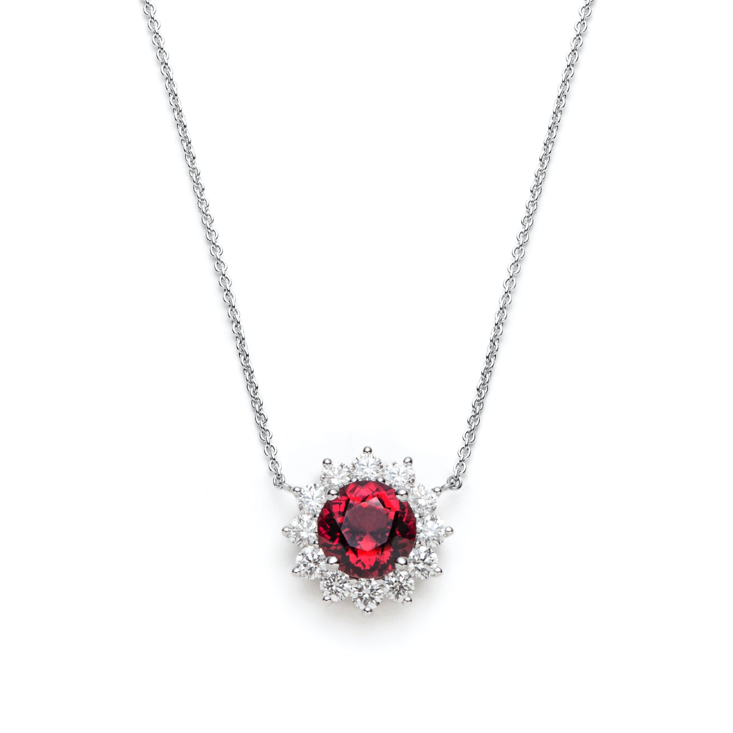 Round Garnet Diamond Floral Halo Necklace