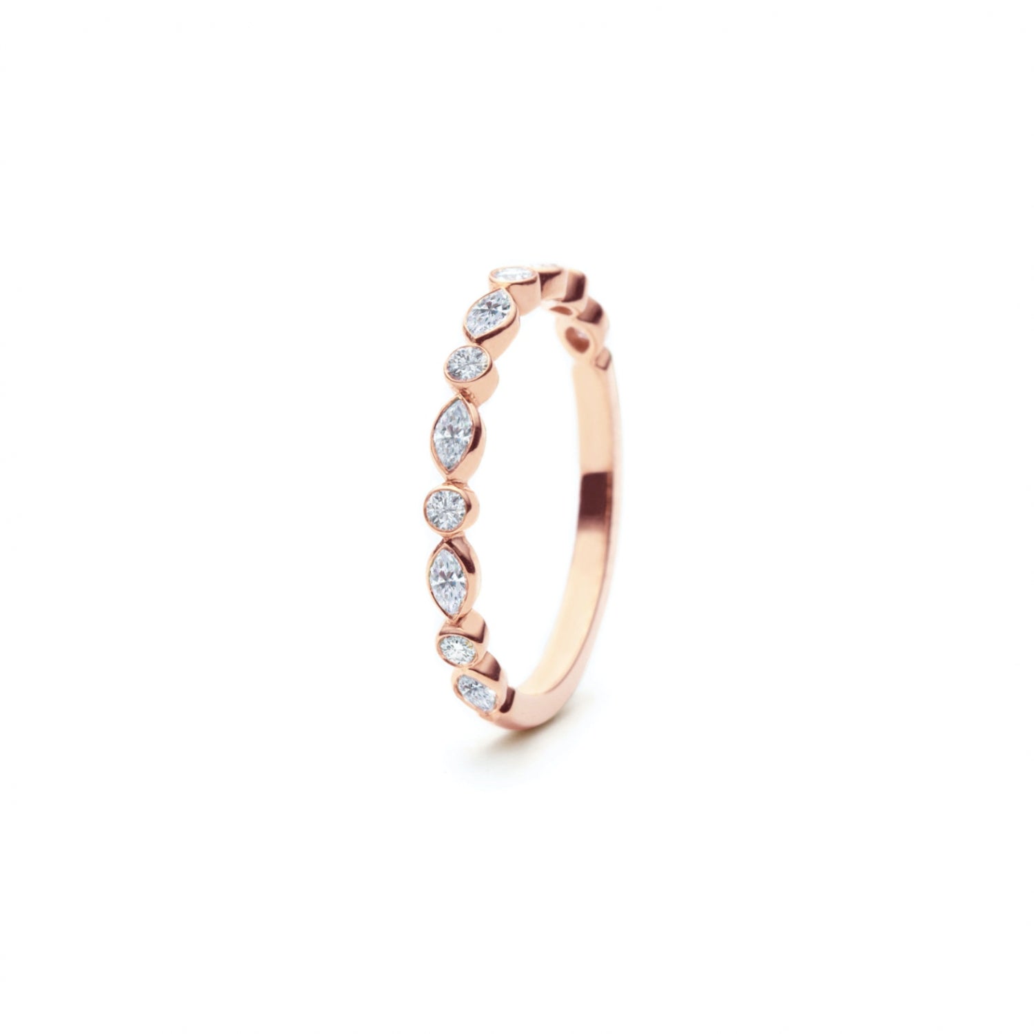 Round and Marquise Cut Diamond Bezel Set Half-Eternity Ring in Rose Gold Side View