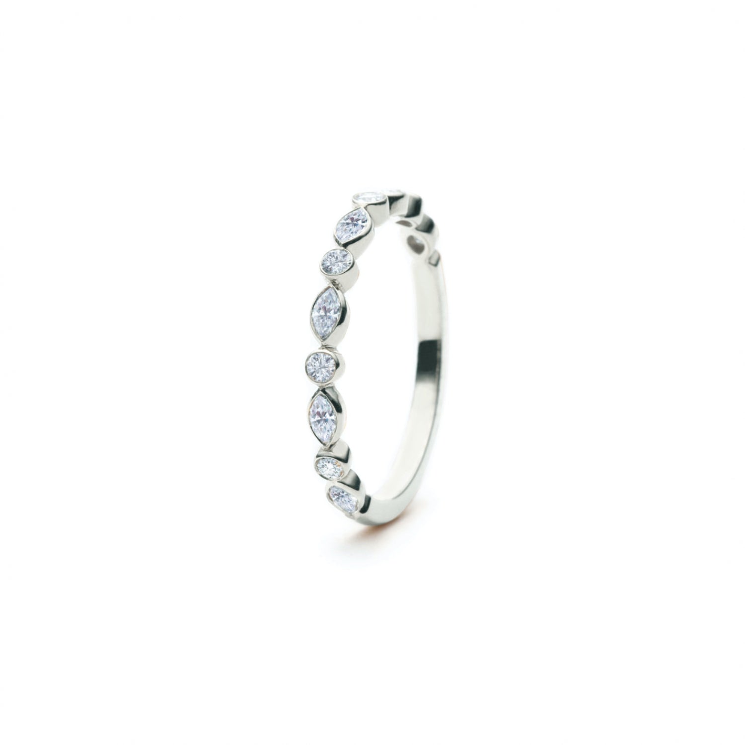 Round and Marquise Cut Diamond Bezel Set Half-Eternity Ring in White Gold Side View