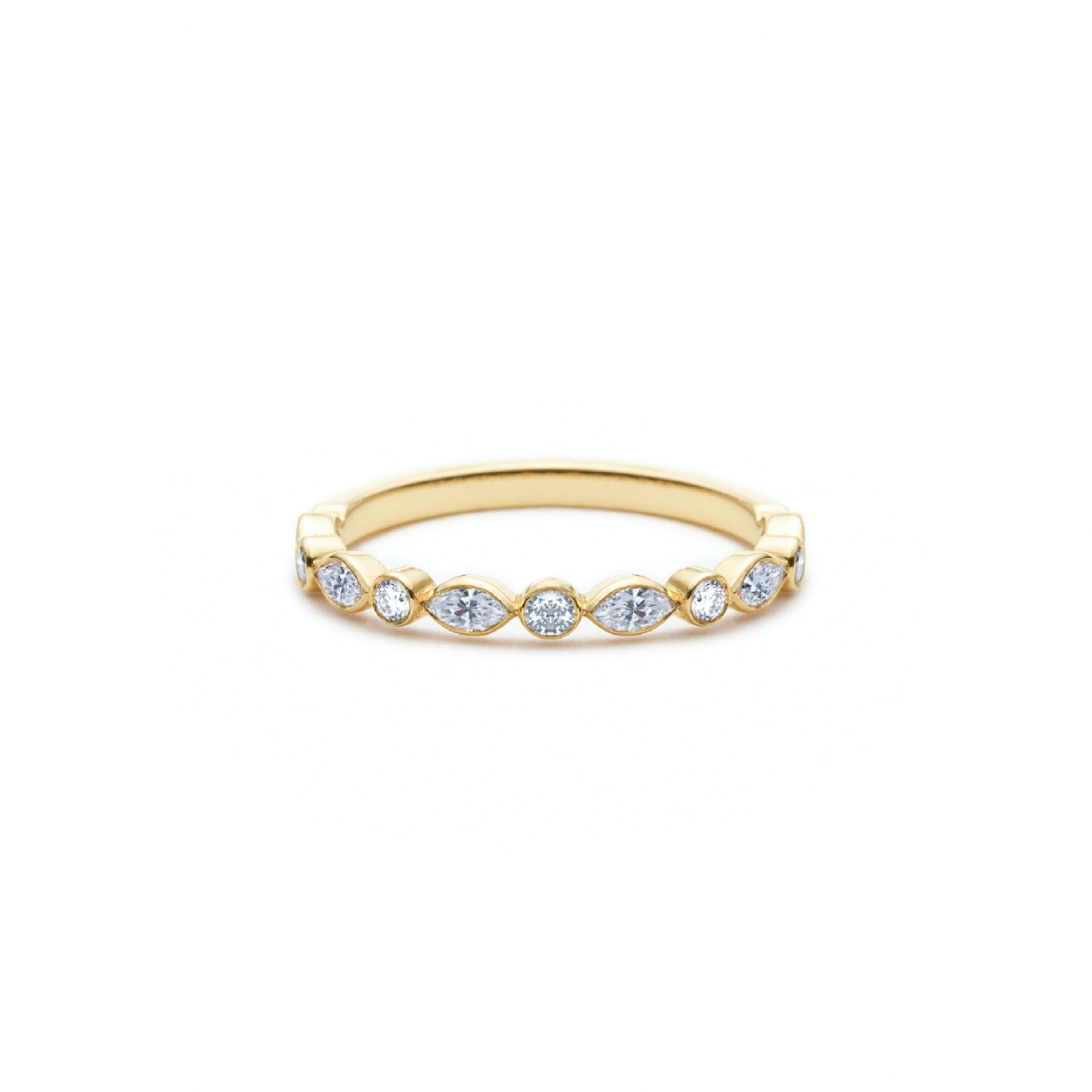 Round and Marquise Cut Diamond Bezel Set Half-Eternity Ring in Yellow Gold