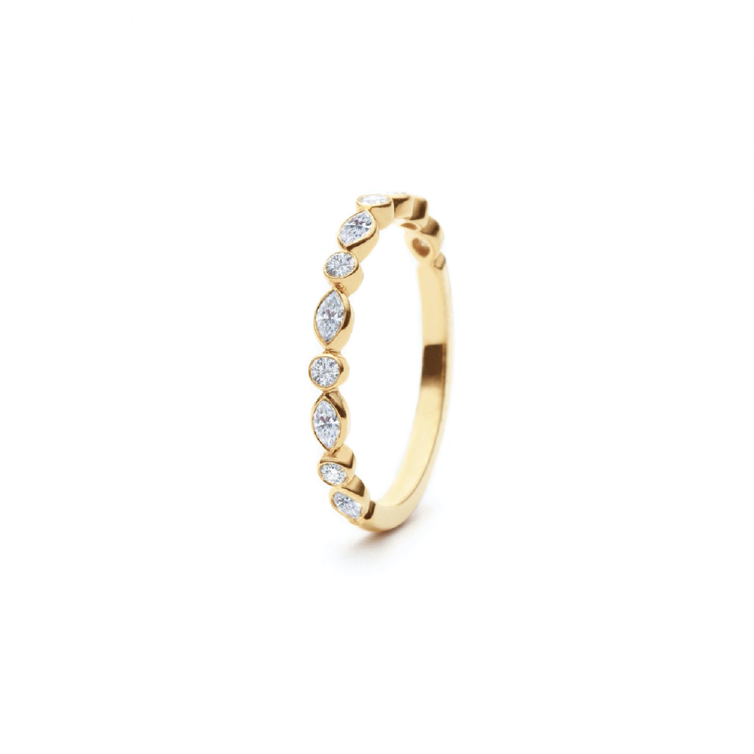 Round and Marquise Cut Diamond Bezel Set Half-Eternity Ring in Yellow Gold Side View