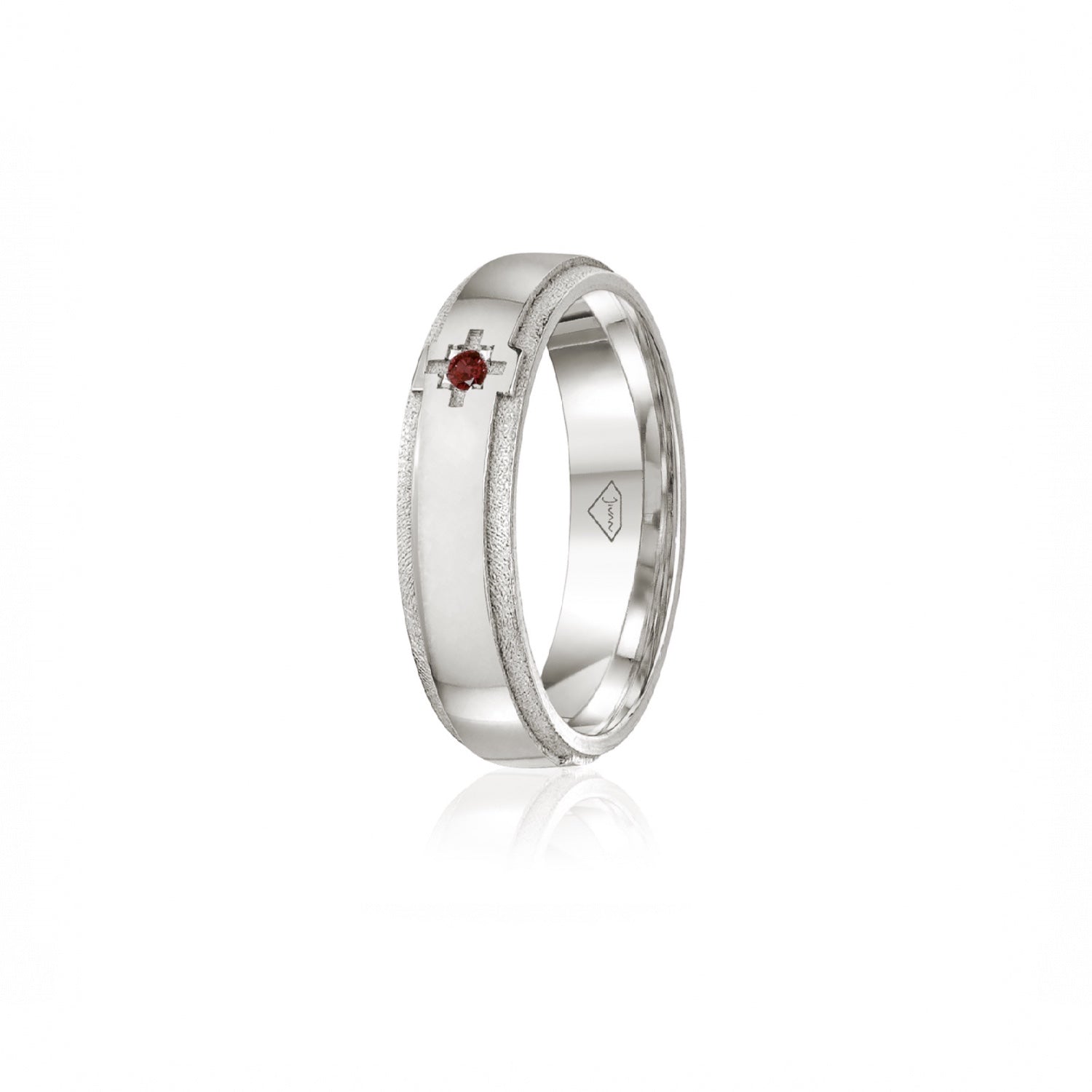 Ruby Accent Polished Finish Bevelled Edge 6-7 mm Wedding Ring in Platinum