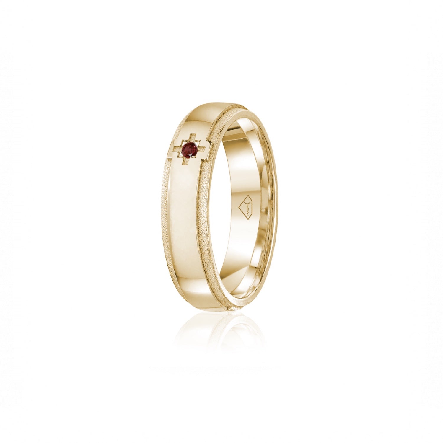 Ruby Accent Polished Finish Bevelled Edge 6-7 mm Wedding Ring in Yellow Gold